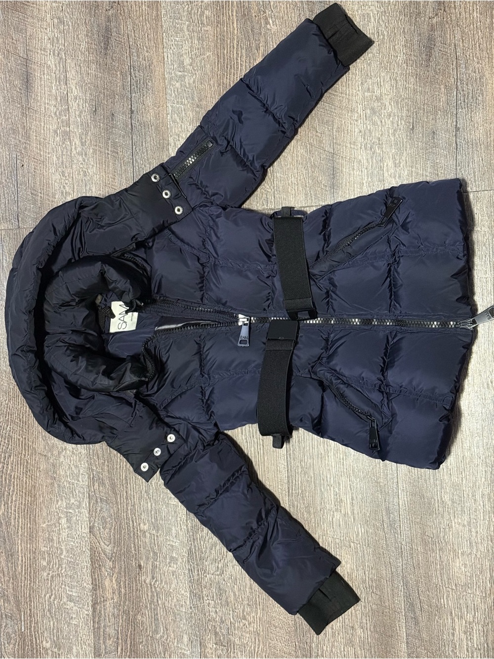 SAM. Navy Hooded Puffer Coat with Belt